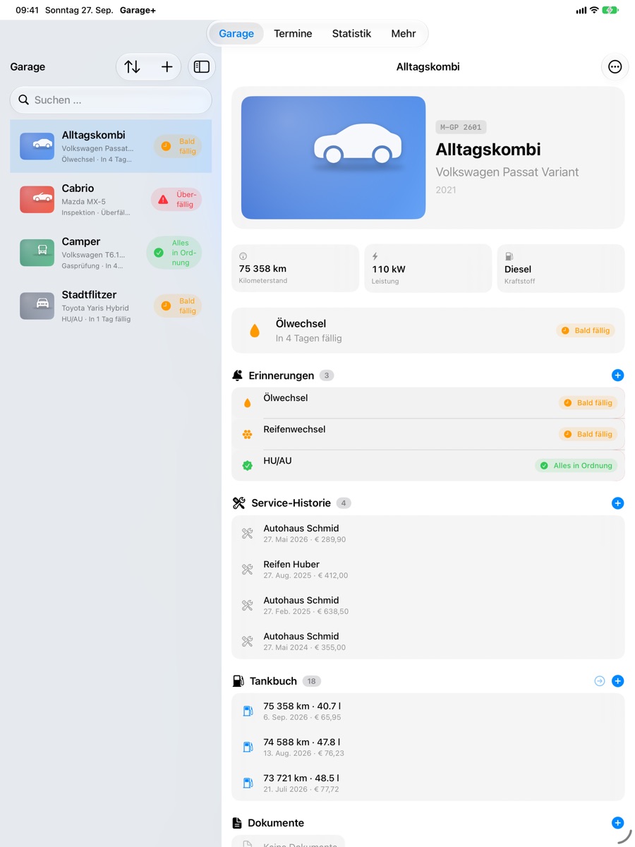 Garage+ auf dem iPad: Fahrzeugliste mit Status und Detailansicht mit Erinnerungen, Service-Historie und Tankbuch