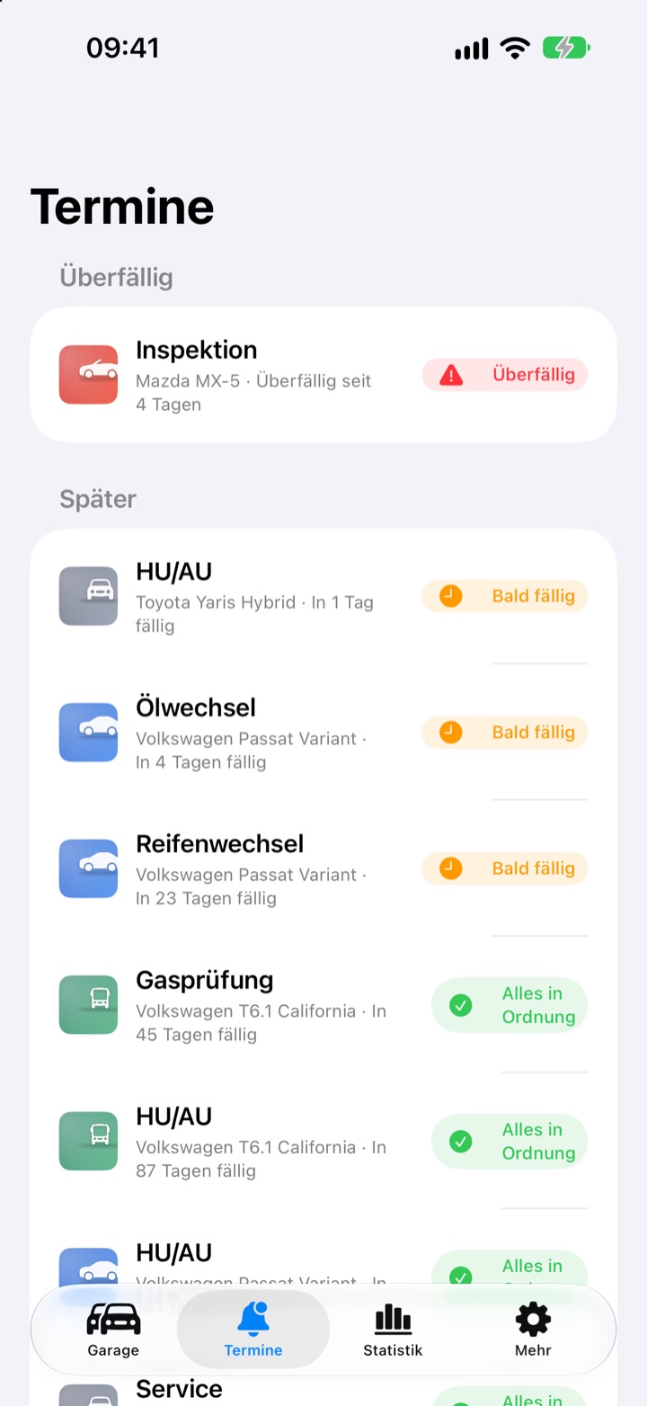 Terminliste mit überfälligen und anstehenden Erinnerungen für HU/AU, Ölwechsel und Reifenwechsel