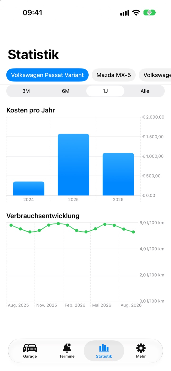 Statistik-Ansicht mit Jahreskosten und Kraftstoffverbrauch als Diagramm